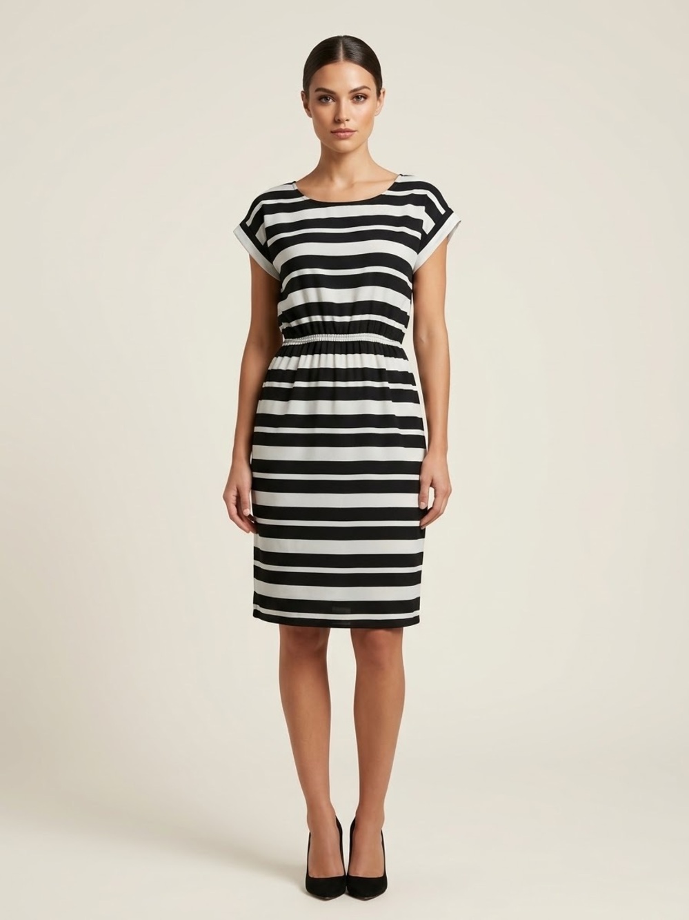 Soprano Black & White Striped Short Sleeve Elastic Waist Dress